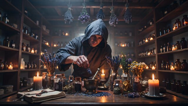 Mysterious Alchemist in Dark Apothecary Laboratory with Candles and Herbs
