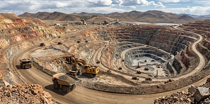 Large open pit mine with heavy dump trucks and machinery working in a rocky mountain landscape