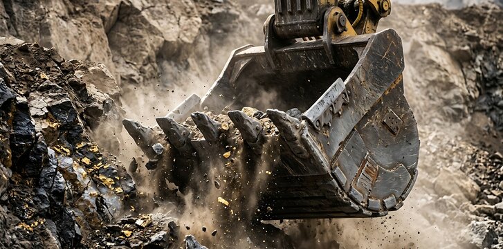 Large excavator bucket digging and moving heavy rocks at a construction site