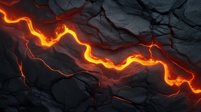 Glowing bright orange molten lava river flowing through dark cracked volcanic rock texture during a volcanic eruption event