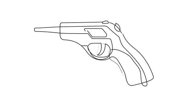 Minimalist handgun line art on white background.