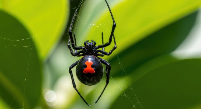 Macro Shot of a Dangerous Black Widow Spider with Distinctive Red Hourglass Mark on Web