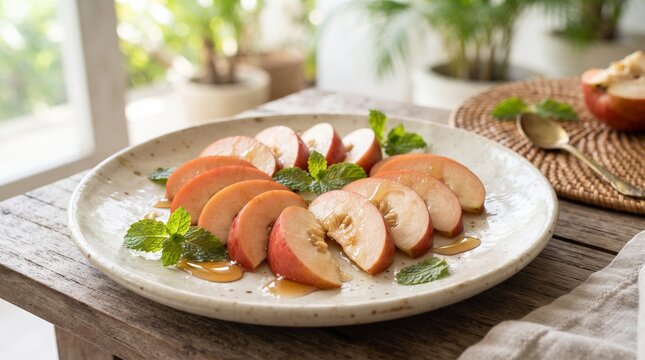 Fresh Bisbul Velvet Apple Slices with Honey and Mint Healthy Tropical Dessert Premium Food Photography