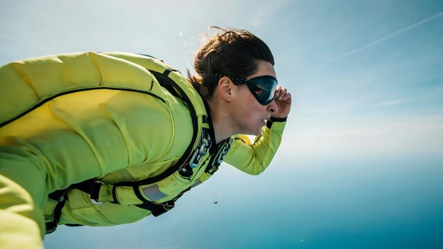 Woman Skydiving in Green Jacket and Dark Sunglasses with Blue Sky Background