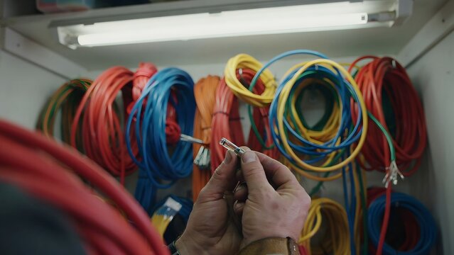 Close-up of a person's hand wiring and organizing colorful cables in an electrical closet