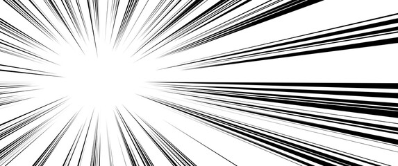 Naklejka premium Intense radial manga speed burst effect, high-contrast black and white comic book action lines converging to a bright center, explosive motion background with dense straight radial lines.