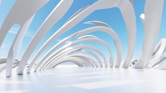 Futuristic 3D render of white organic rib-like arched structure under bright blue sky