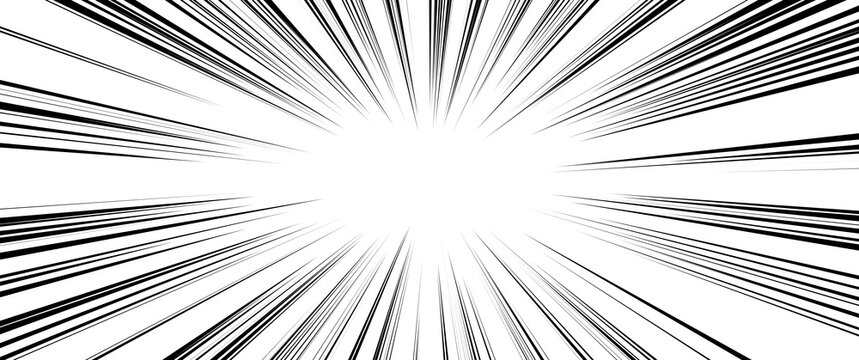 Intense radial manga speed burst effect, high-contrast black and white comic book action lines converging to a bright center, explosive motion background with dense straight radial lines.