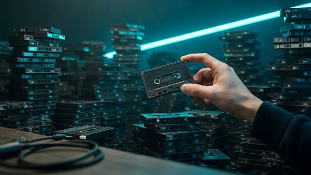 Person Taking Photo of Tall Stack of VHS Tapes with Smartphone in Low Light