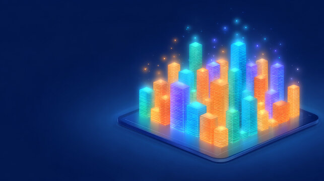 Glowing neon gradient 2.5D bar charts form a mini luminous cityscape on a flat panel, set against a deep dark blue background, dotted with tiny floating light particles.

