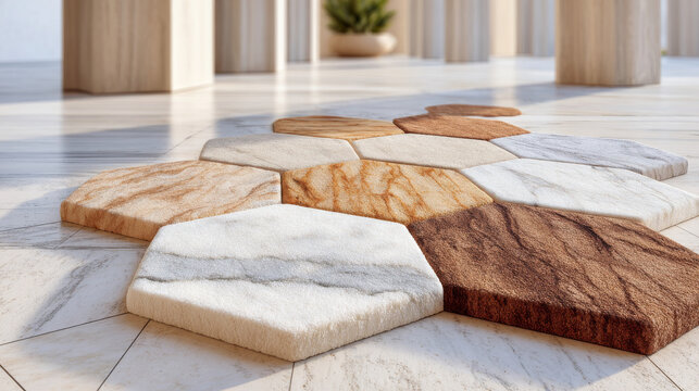 This close-up shot displays scattered hexagonal marble-textured decorative tiles in varied natural stone hues, placed on a polished light marble floor, with blurred indoor pillars