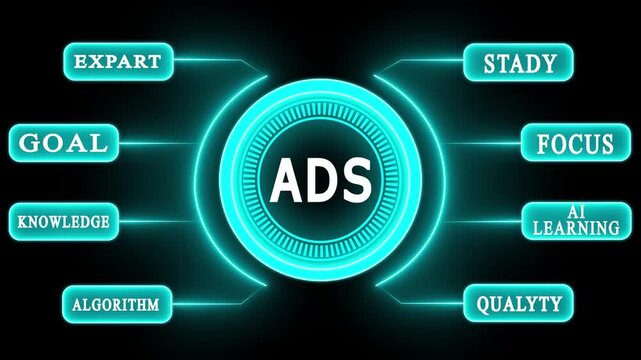 Futuristic Digital Marketing HUD Interface for AI-Driven Advertising Strategy High-Tech Ads Campaign Dashboard with Artificial Intelligence and Data Analytics 