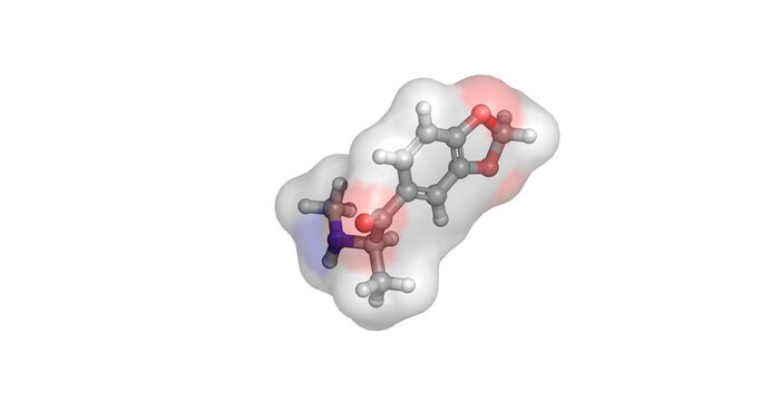 Methylone, synthetic cathinone stimulant and entactogen compound, psychoactive substituted amphetamine derivative for monoamine receptor research, 3D molecule 4K