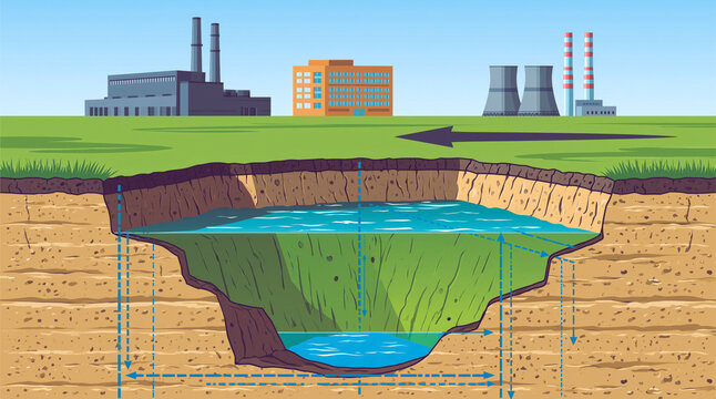 Industrial Groundwater Contamination and Soil Layers, Educational Cross Section
