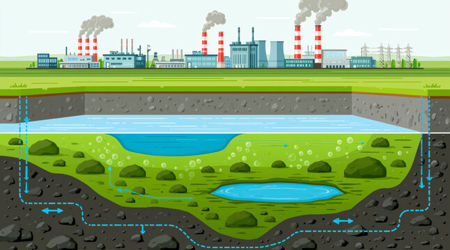 Contaminated Groundwater beneath Factory, Environmental Cross Section Diagram