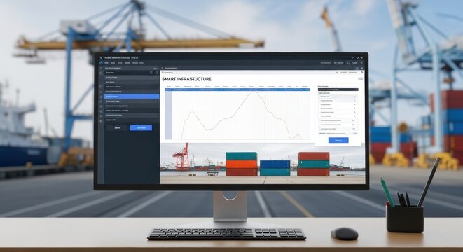 Smart Port Infrastructure Management Software Dashboard Displaying Logistics Data and Analytics with Container Shipping Visualizations