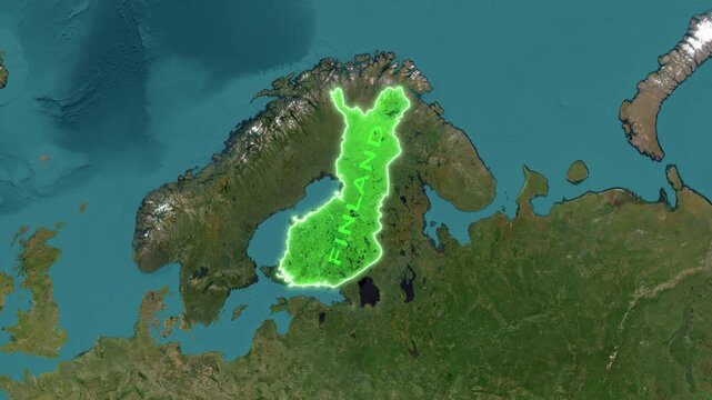 Finland Map Highlight with Glowing Green Border on World Satellite Map