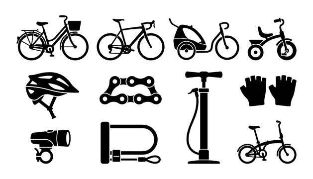 Bicycles and Cycling Accessories Vector Icons Set for Sports and Transportation Concepts Featuring Design, Illustration, Symbols