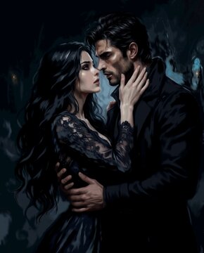 Dark romance fantasy couple illustration, gothic man and woman in black lace dress embracing, book cover art.