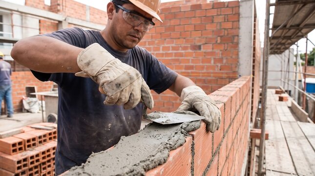 Professional bricklayer building a red brick wall with mortar, construction worker at building site, mason using trowel and safety gear