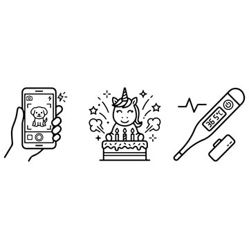 Smartphone Pet Photo, Birthday Unicorn, and Digital Thermometer Icons Set Vector Line Art
