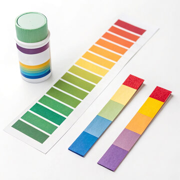 Urine pH Test Strip with Color Comparison Chart and Sample Collection Tube Isolated on White Background &ndash; Medical Diagnostic Kit, Urinalysis Testing, Laboratory Healthcare Equipment.