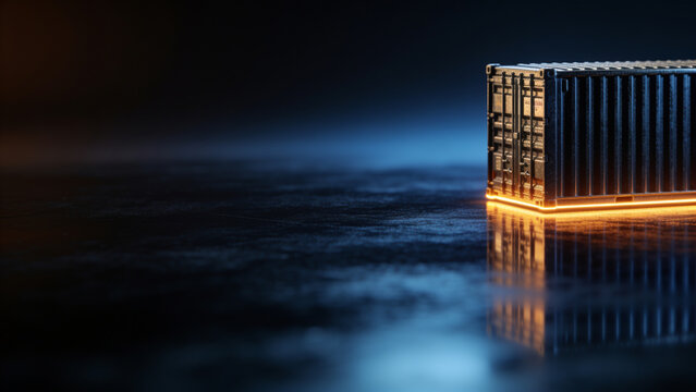 3D render of a futuristic shipping container with glowing orange bottom light on dark reflective surface, cloud computing and docker tech concept with copy space