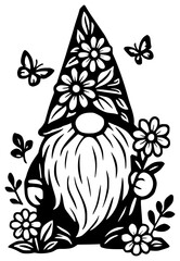 Flower Gnome Silhouette Vector Illustration Black and White Design.