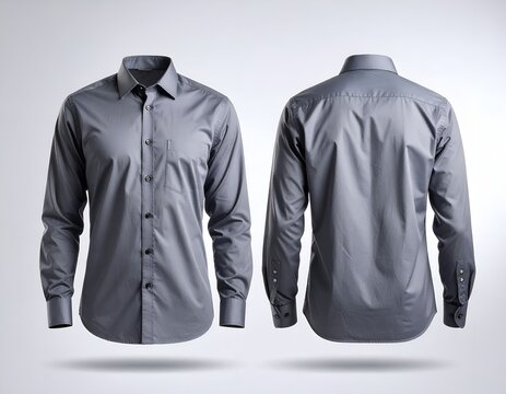 Grey long-sleeve dress shirt front and back ghost mannequin.