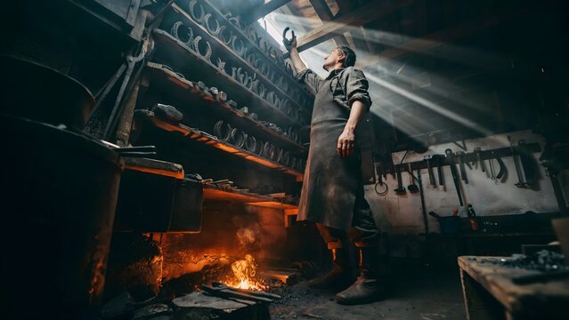 Blacksmith working in forge with tools and glowing fire in workshop setting