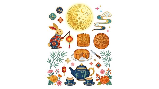 Mid-autumn festival scene with a rabbit moon mooncakes tea set flowers, oriental
