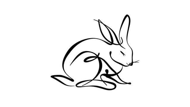 Minimalist rabbit line art illustration white background.