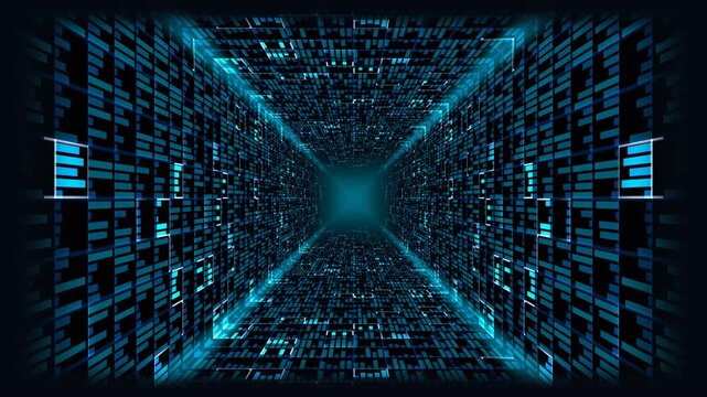 Futuristic digital technology data tunnel with glowing blue matrix binary code abstract background