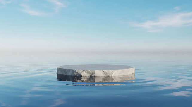 Circular white marble stone podium floating on calm blue water surface under a clear sky with soft clouds