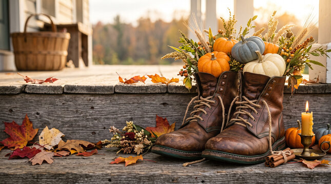 Old boots filled with pumpkins and autumn leaves on a wooden porch. This rustic fall decoration is used for Thanksgiving or harvest season festivities.