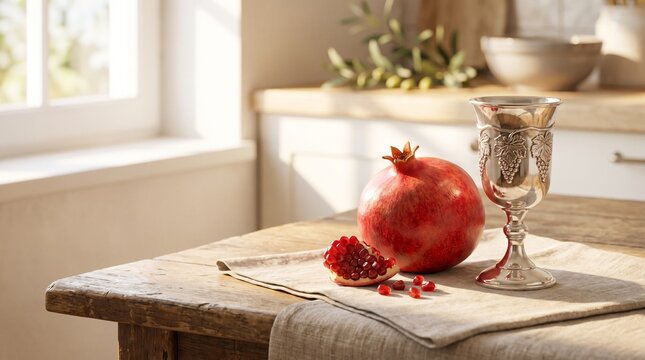 Pomegranate beside silver kiddush cup on a wooden table with soft light. This setup is used for the traditional meal during the Rosh Hashanah holiday.
