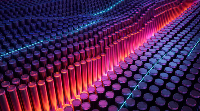 Perspective rows of neon-lit cylinders converging toward a glowing horizon