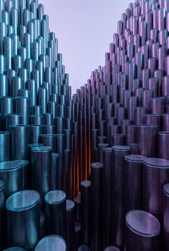 Neon canyon between two walls of metallic pin clusters