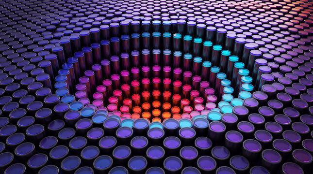 Concentric rainbow ring glowing within a cylinder pin grid