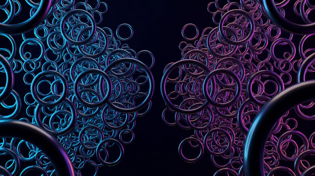 Mirrored clusters of tangled chrome rings in teal and magenta