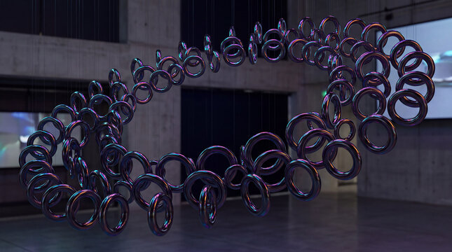 Ring sculpture installation suspended in an architectural gallery space