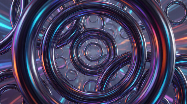 Glossy tunnel of layered chrome rings with glass-like reflections