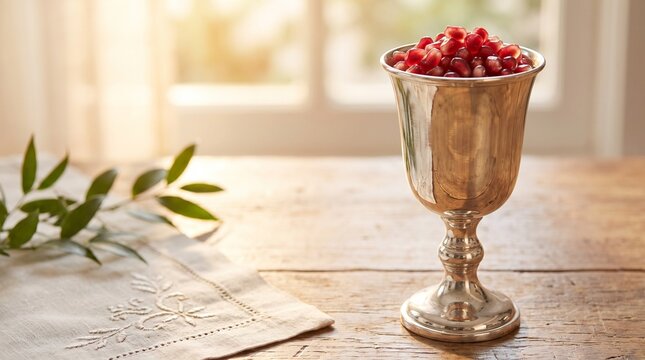Silver kiddush cup with pomegranate seeds on a rustic table with olive branches. This elegant setup is part of the festive meal for the Rosh Hashanah holiday.