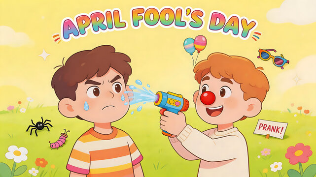 Two boys playing April Fool's Day prank with water gun on grassy field

