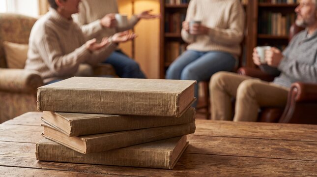 A Quiet Gathering of Minds: Several old books are stacked on a wooden table, with a group of people in the background engaged in conversation.