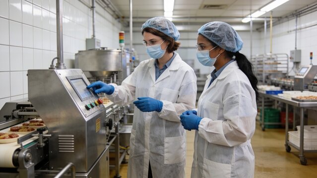Two industrial engineers reviewing food processing equipment during routine quality assurance inspection.