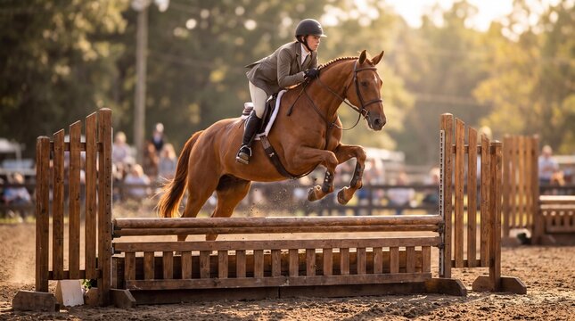 Equestrian Leap of Faith: A skilled jockey guides a powerful chestnut horse over a rustic wooden fence during an exhilarating equestrian competition.