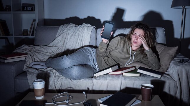 Late Night Study Fatigue: A young woman lies on a couch surrounded by books, her face etched with exhaustion as she stares blankly at her phone screen in the dim light of a late evening.