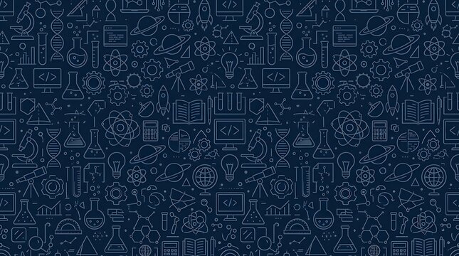 Abstract background featuring a dense pattern of white technical symbols and mathematical formulas on blue