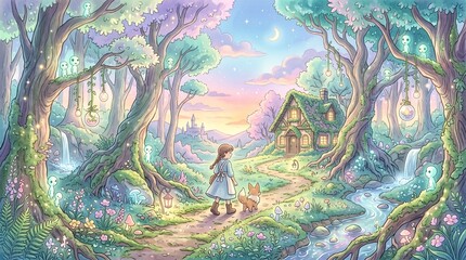 Enchanting Fairy Tale Forest Landscape with a Girl and Her Pet Walking Towards a Whimsical Cozy Cottage Under a Soft Pastel Twilight Sky © jessica